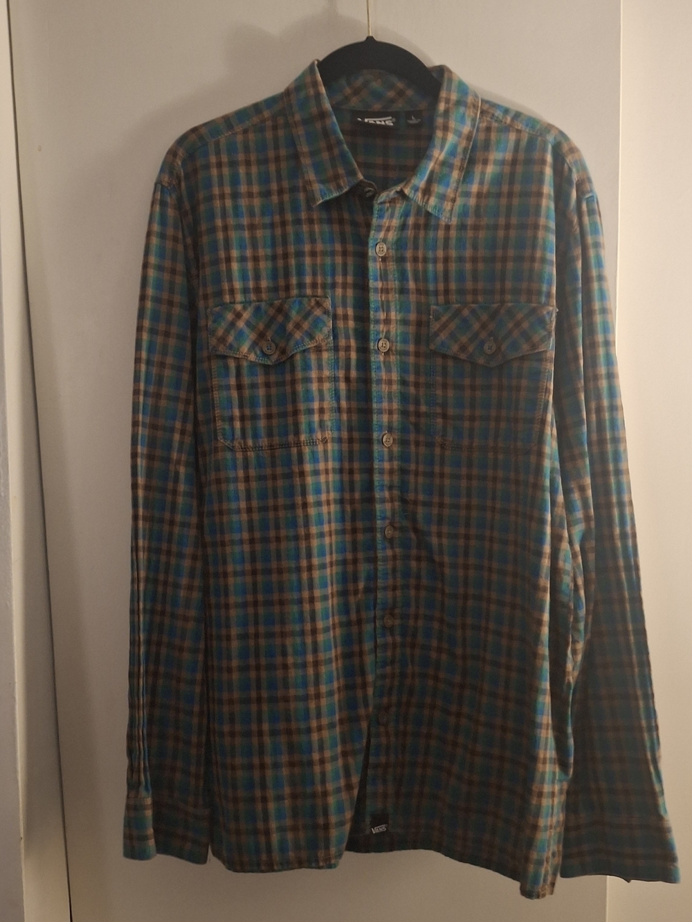 Vans Men's Plaid Button-Down Long Sleeve Shirt in Teal and Brown